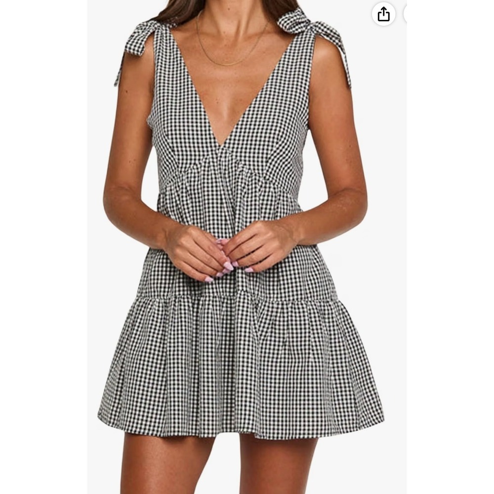 Black and White Gingham Tiered Mini Dress with Shoulder Ties XR000310 Small